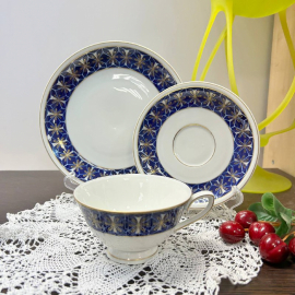 Чайное трио. Немецкий фарфор Lettin 1956-69гг. Натурал кобальт, позолота.. Картинка 1